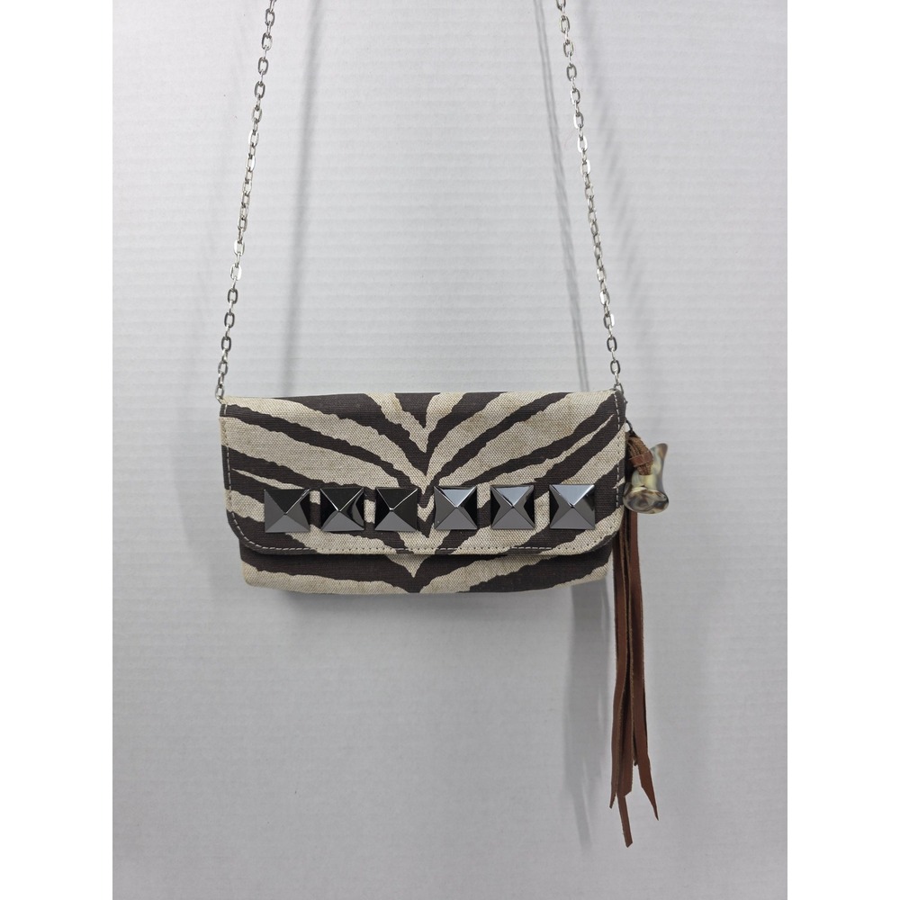 Ted Rossi NYC Zebra Print Canvas Studded Crossbody Bag with Chain Strap Tassel